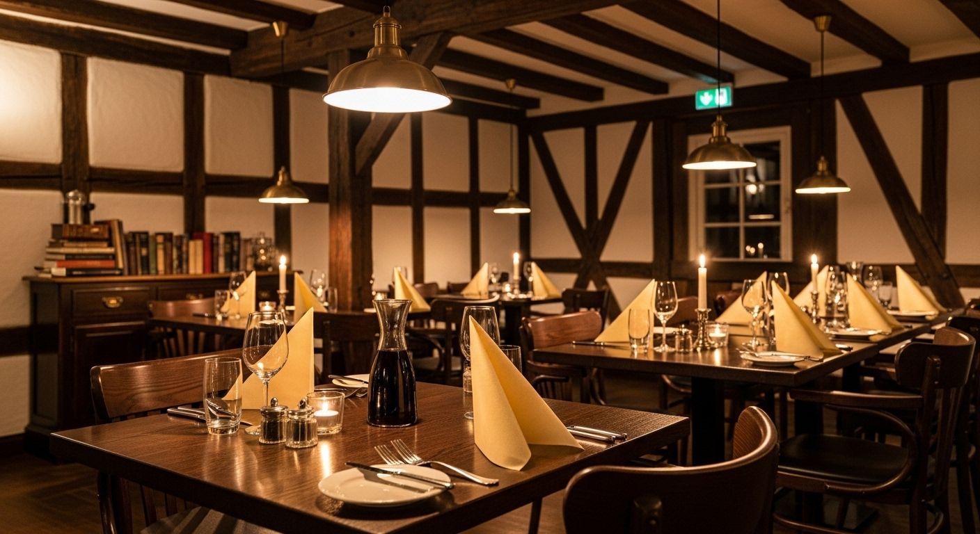 Speisesaal Mariaspring — Innenraum mit Eichentischen und Kerzen, Landgasthof in Reinhausen