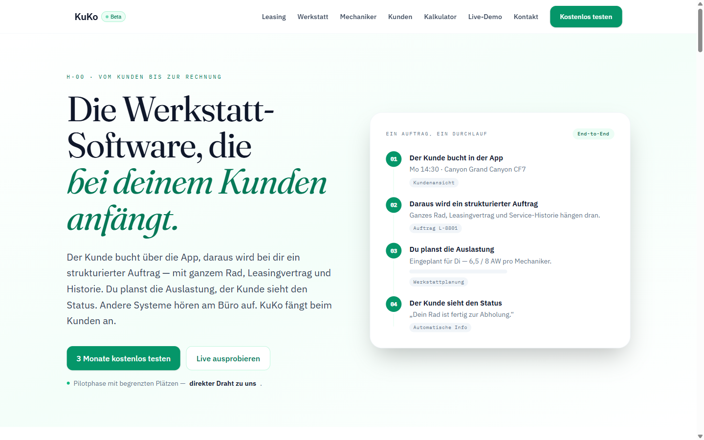 Die Startseite von kuko-bike.de: „Die Werkstatt-Software, die bei deinem Kunden anfängt“ mit Auftrags-Durchlauf